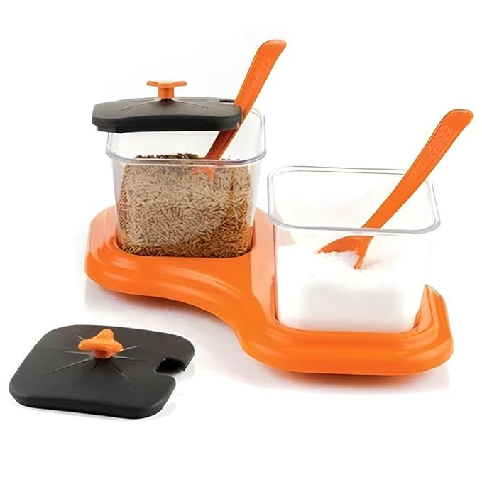 DINING TABLE STAND 2 PCS PICKLE JAR SPICE TRAY SPOONS VIRGIN PLASTIC KITCHEN STORAGE CONTAINER SERVING SALT PEPPER SAUCES CHUTNEY MASALA MUKHWAS AACHAR