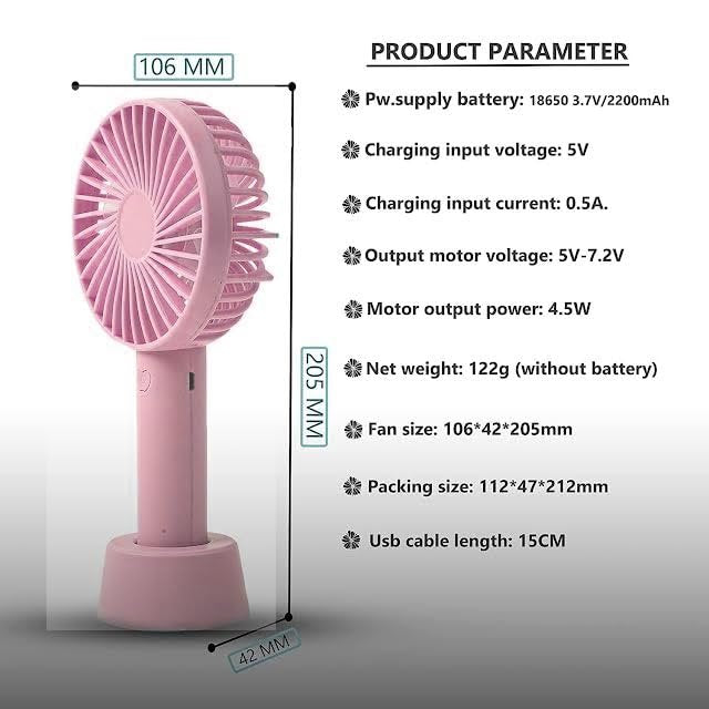 Portable Handheld Fan - Rechargeable Mini Fan, 3 Speeds, Quiet Personal Cooling Fan for Travel, Outdoor, Office, & Home Use