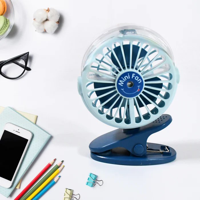 Portable Clip-On Fan - 3-Speed Rechargeable Mini Fan with Light & Mist Spray, Quiet USB Table Fan, 360° Rotation for Home, Office, Camping
