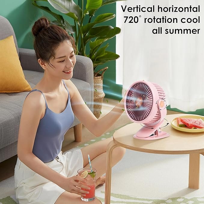 Portable Clip-On Fan - 3-Speed Rechargeable Mini Fan with Light & Mist Spray, Quiet USB Table Fan, 360° Rotation for Home, Office, Camping