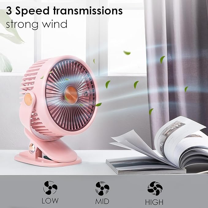 Portable Clip-On Fan - 3-Speed Rechargeable Mini Fan with Light & Mist Spray, Quiet USB Table Fan, 360° Rotation for Home, Office, Camping
