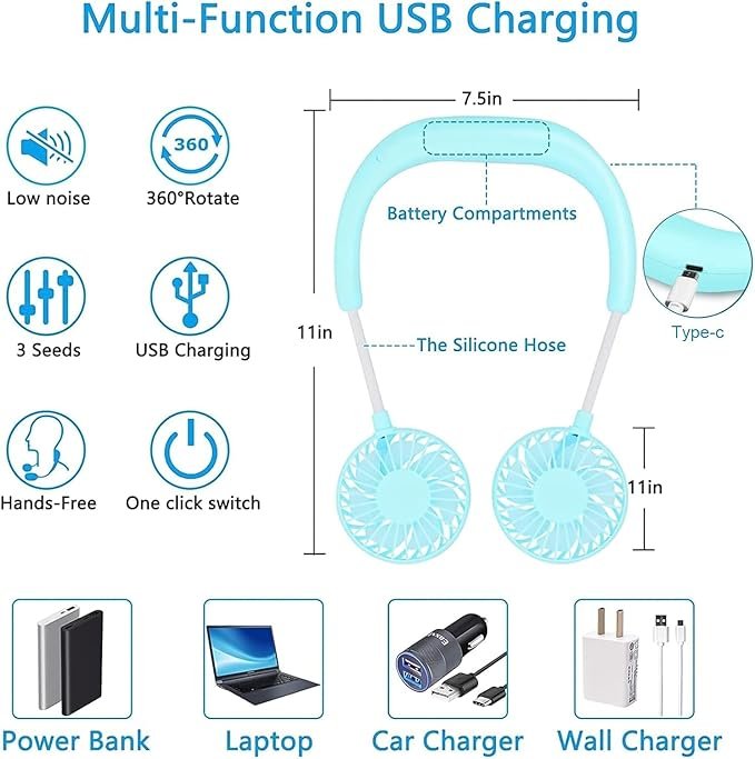 Hands-Free Personal Fan - Wearable Neckband USB Rechargeable Mini Fan, Portable Cooling for Home, Office, Travel & Sports