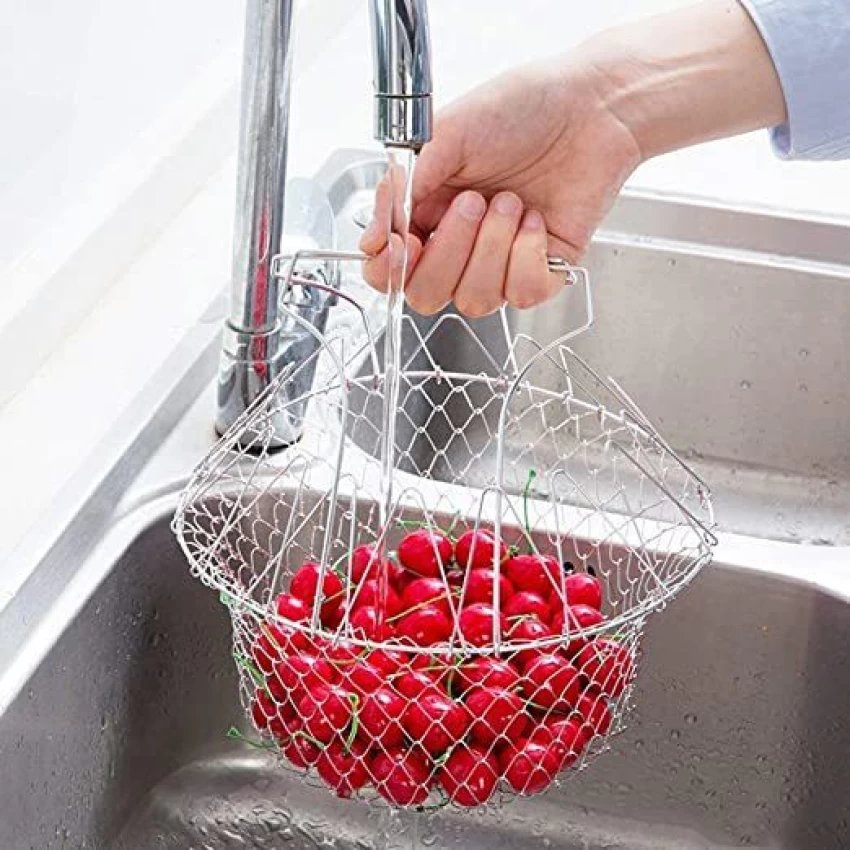 2 in 1 Chef Basket – Collapsible, Multi-Function Kitchen Strainer, Frying Basket for Cooking, Deep Frying, Steaming, Draining, and More, Easy to Clean, Space-Saving