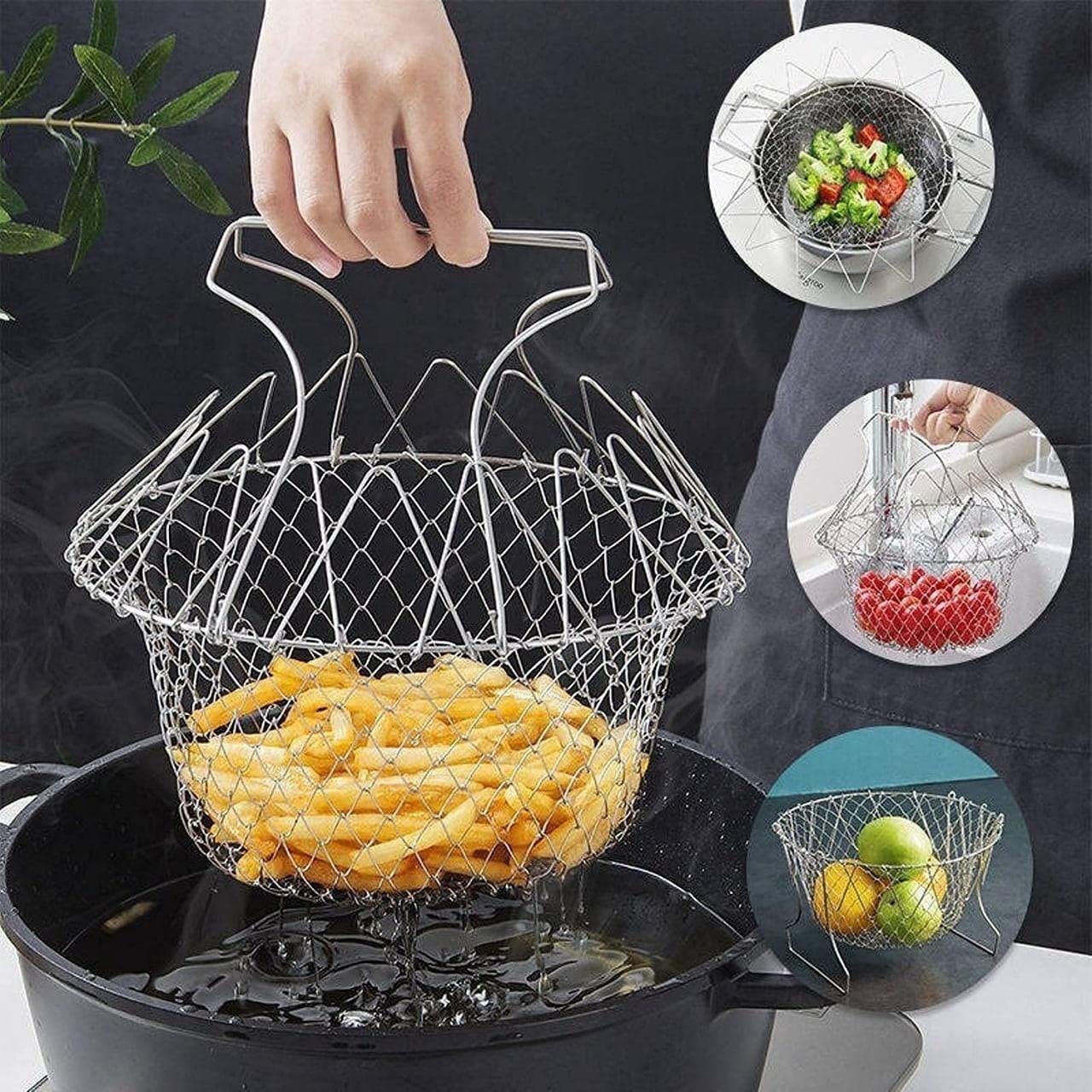 2 in 1 Chef Basket – Collapsible, Multi-Function Kitchen Strainer, Frying Basket for Cooking, Deep Frying, Steaming, Draining, and More, Easy to Clean, Space-Saving