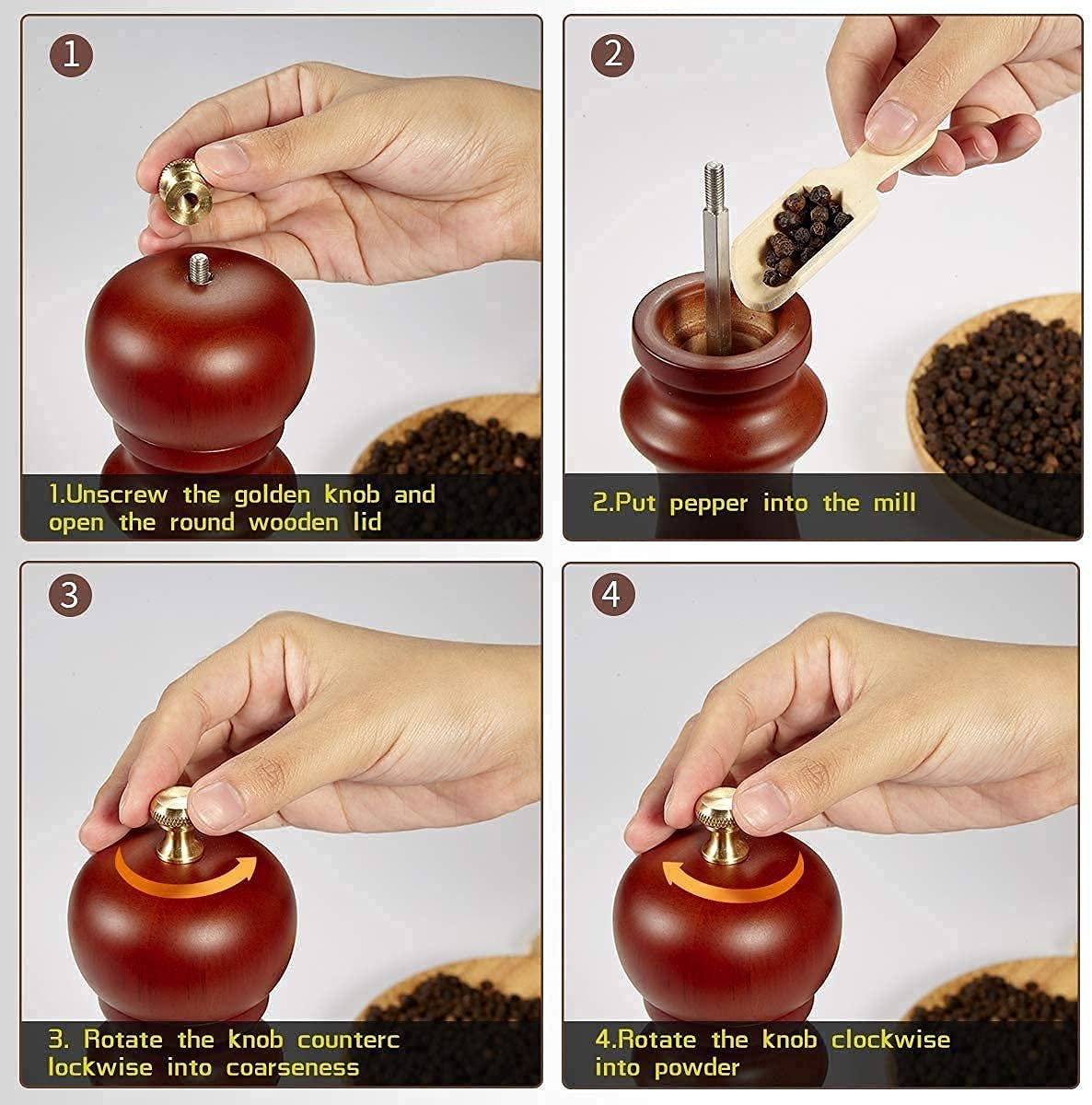 Wooden Salt and Pepper Grinder Set - 5 Inch, Natural Wood, Adjustable Coarseness, Elegant Kitchen Accessories