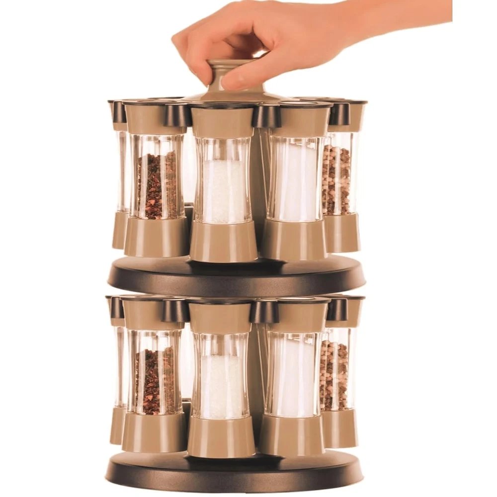 16 PCS Spice Rack Set - Brown Wooden Spice Organizer with Jars, Lids & Labels | Perfect for Kitchen Storage & Organization