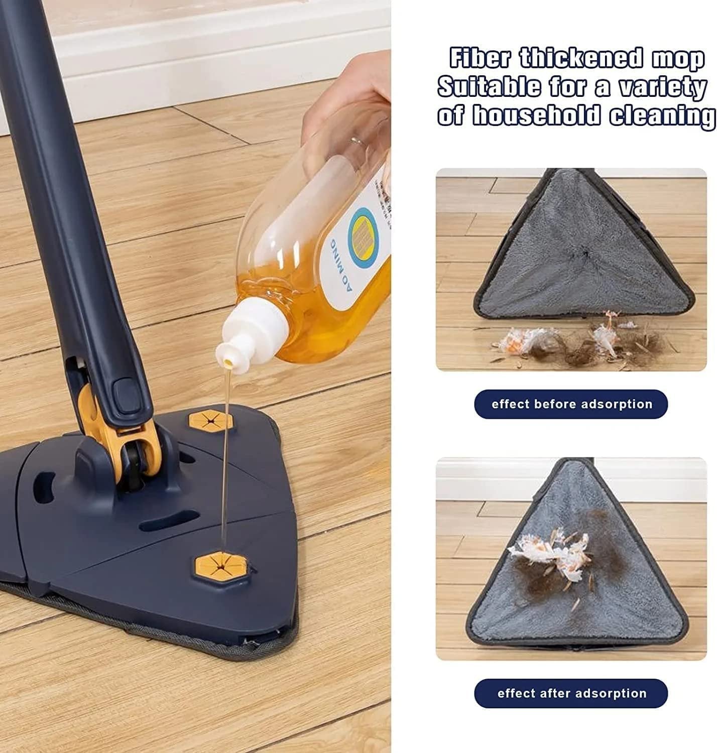 3 Fold Triangle Mop – Triangular-Shaped Floor Mop for Efficient Corner & Edge Cleaning, Adjustable Handle, Microfiber Pads