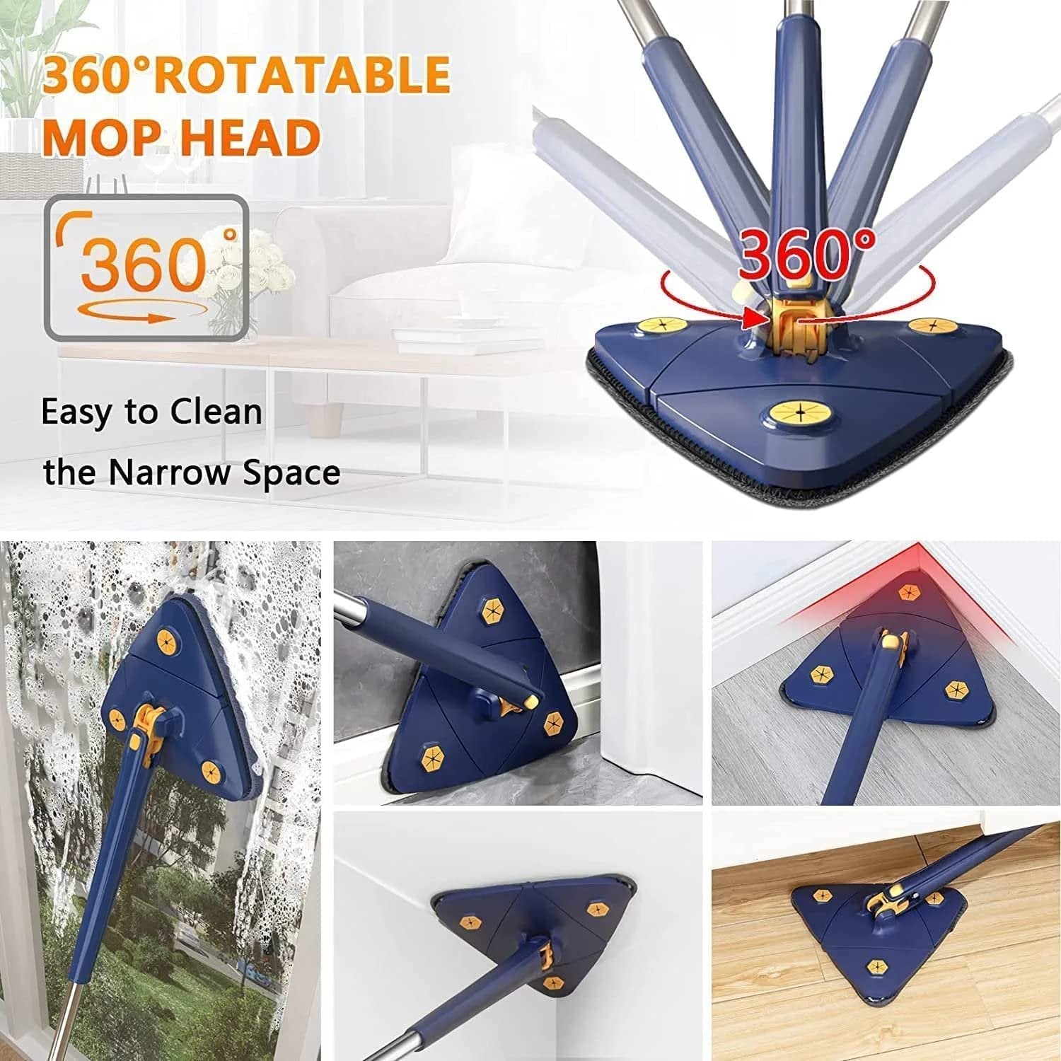 3 Fold Triangle Mop – Triangular-Shaped Floor Mop for Efficient Corner & Edge Cleaning, Adjustable Handle, Microfiber Pads