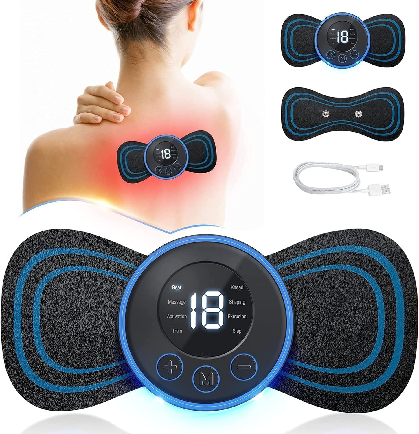 Portable USB Neck Massager, Electric Mini Cervical Massager for Lymphatic Drainage & EMS Therapy, Enhancer Massage with Cable, Rechargeable and Compact for Home & Travel Use
