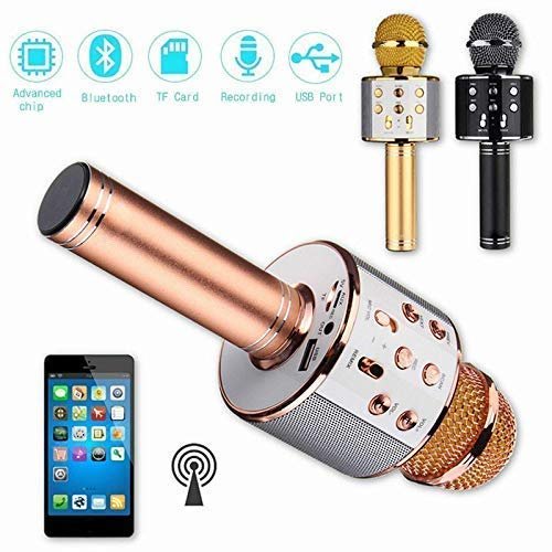 Golden Round Microphone for Singing & Fun – Wireless Karaoke Mic with Echo, LED Lights & Bluetooth for Parties, Kids & Adults