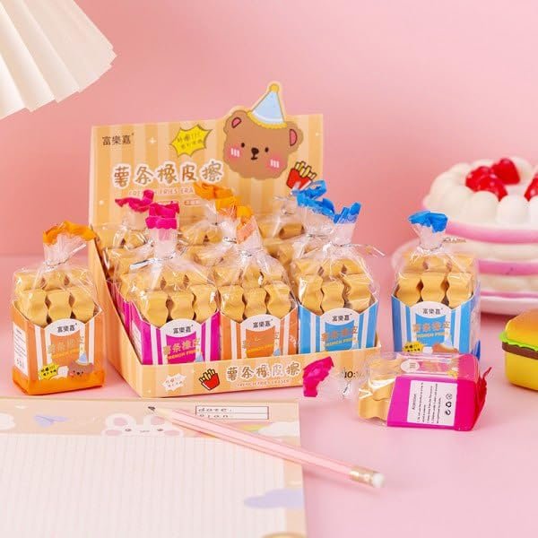 French Fries Shaped Fancy Erasers ? Pack of 6 ? Fun and Novelty Erasers for Kids, Students, and Collectors ? Soft, Non-Toxic, Durable ? Perfect for School Supplies, Party Favors, and Gifts