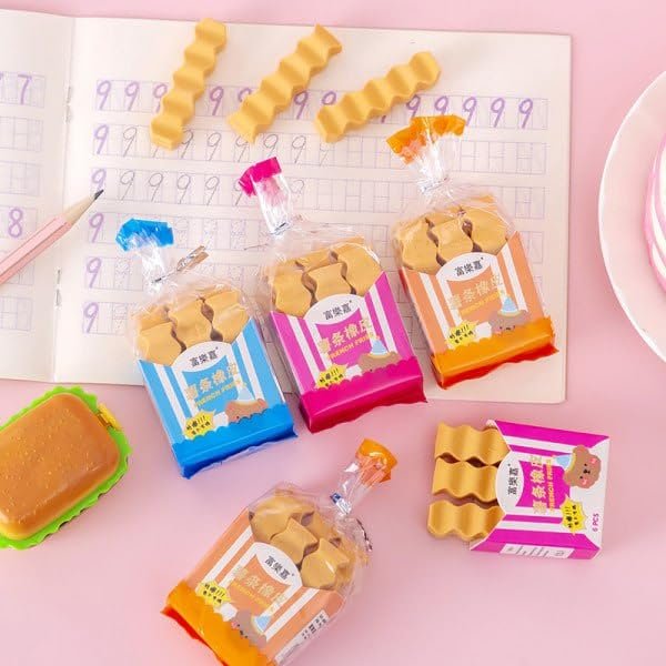French Fries Shaped Fancy Erasers ? Pack of 6 ? Fun and Novelty Erasers for Kids, Students, and Collectors ? Soft, Non-Toxic, Durable ? Perfect for School Supplies, Party Favors, and Gifts