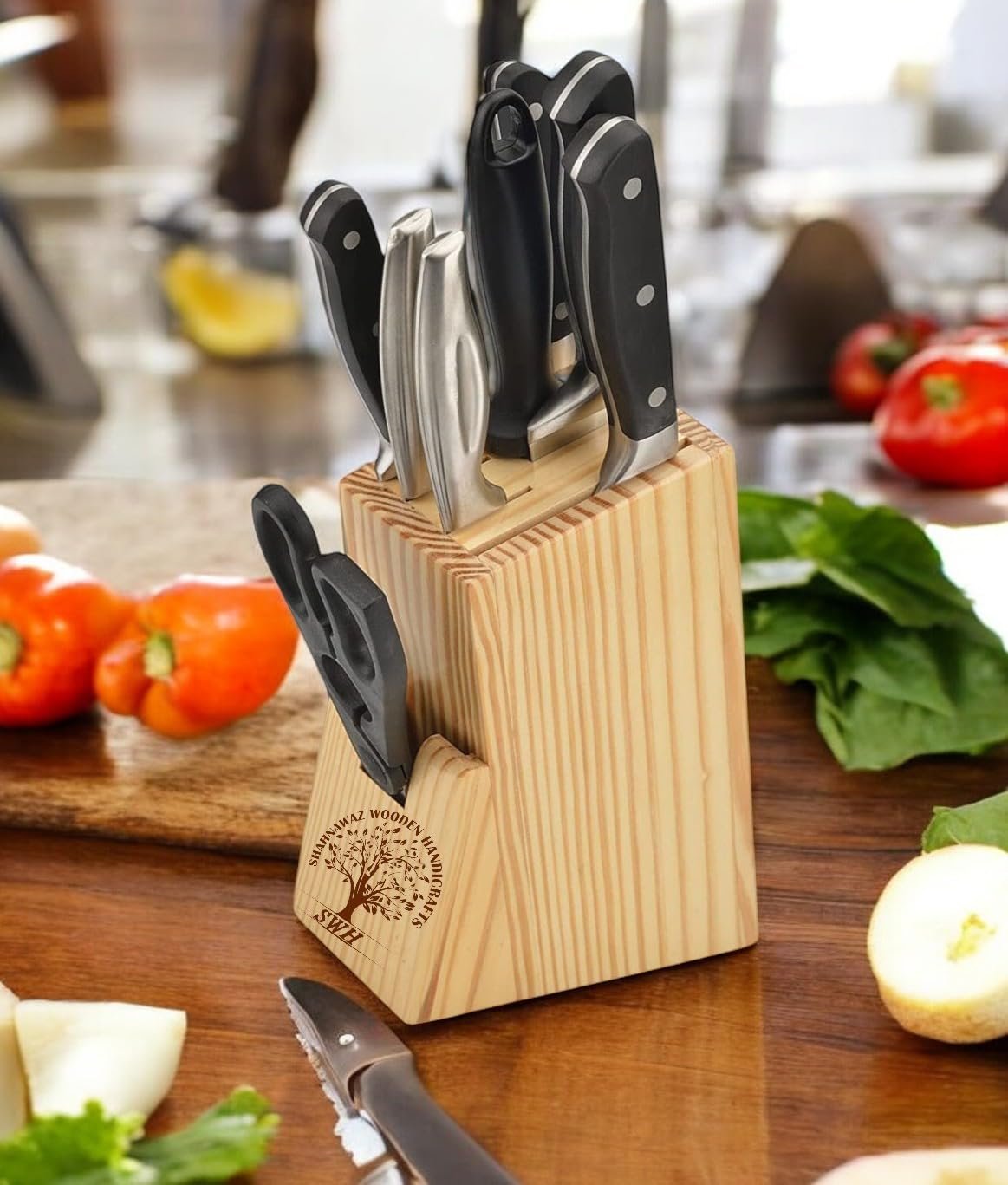 Wooden Knife Stand ? Stylish and Functional Kitchen Knife Holder ? Durable Wooden Design, Space-Saving, Easy Access