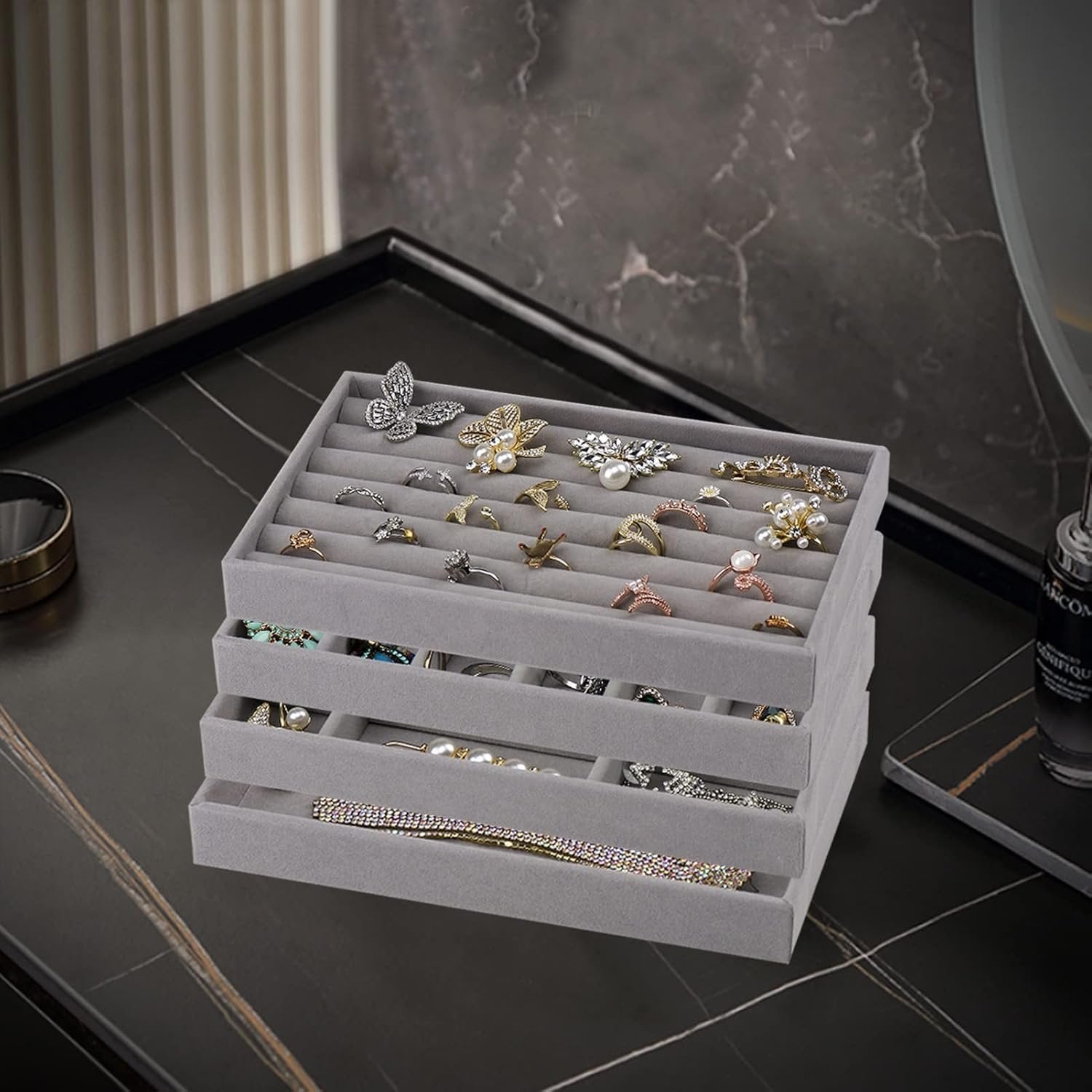 VELVET JEWELRY TRAYS ORGANIZER SET OF 4 ? Elegant Storage for Rings, Necklaces, and Earrings