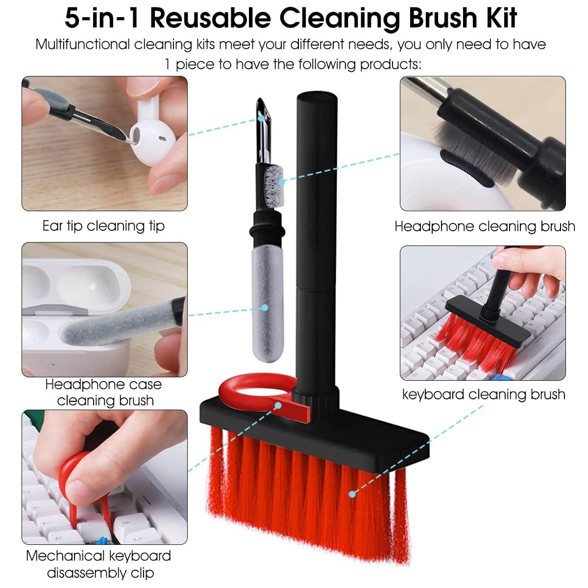 5 in 1 Keyboard Bluetooth Earbuds Cleaning Brush Pen ? Multi-Purpose Cleaning Tool for Gadgets, Keyboards, and Headphones