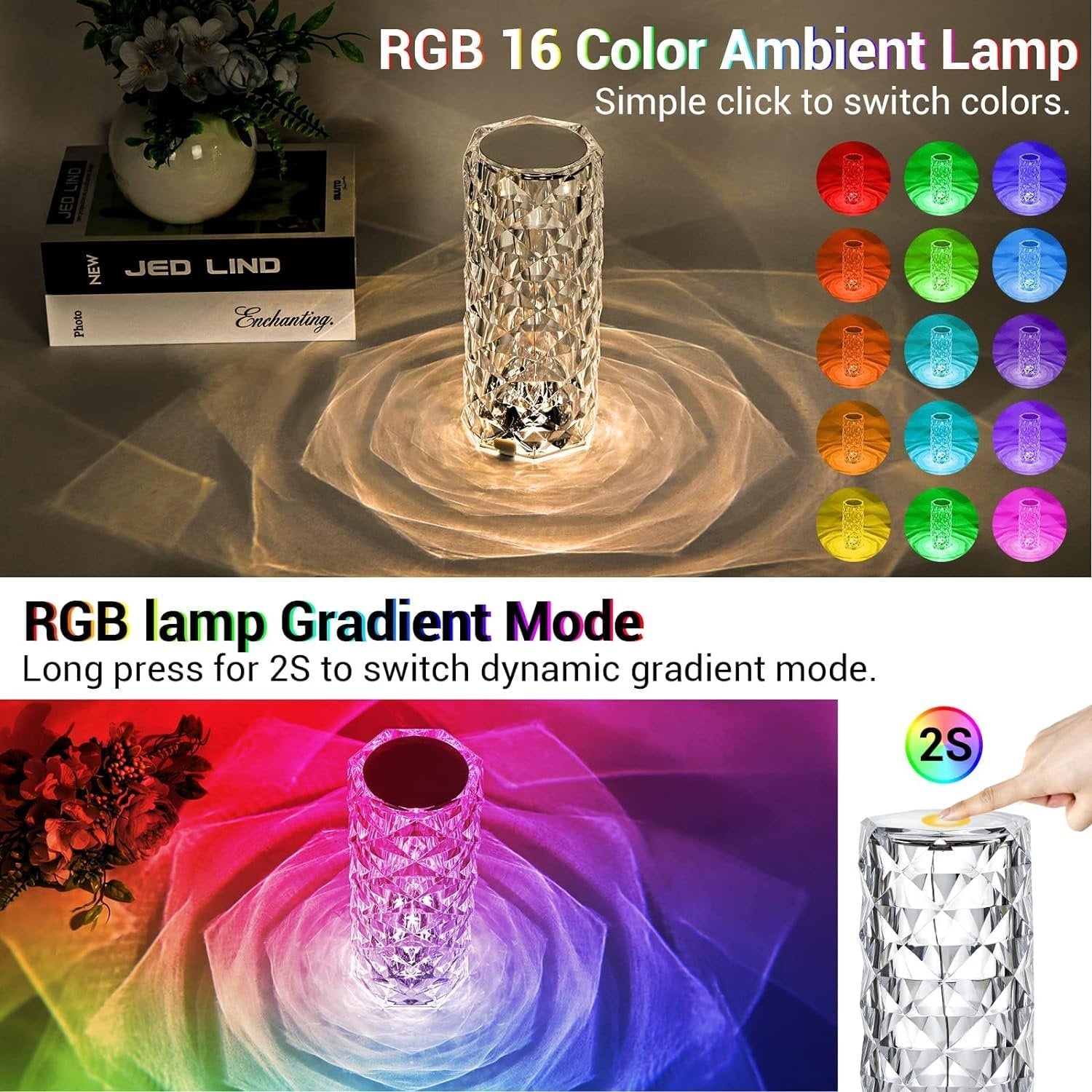 Wireless Crystal Lamp with Remote ? Touch & Remote-Controlled Color-Changing LED Table Lamp, USB Rechargeable, for Home & Bedroom Decor