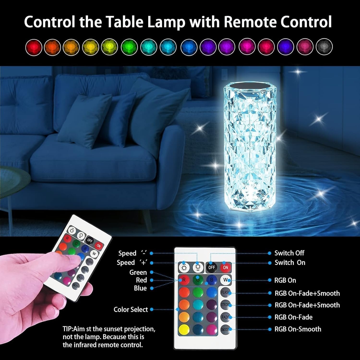 Wireless Crystal Lamp with Remote ? Touch & Remote-Controlled Color-Changing LED Table Lamp, USB Rechargeable, for Home & Bedroom Decor