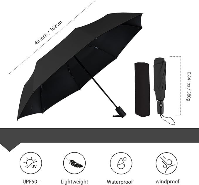 Black Umbrella ? Classic Windproof Compact Folding Umbrella for Rain & Sun Protection