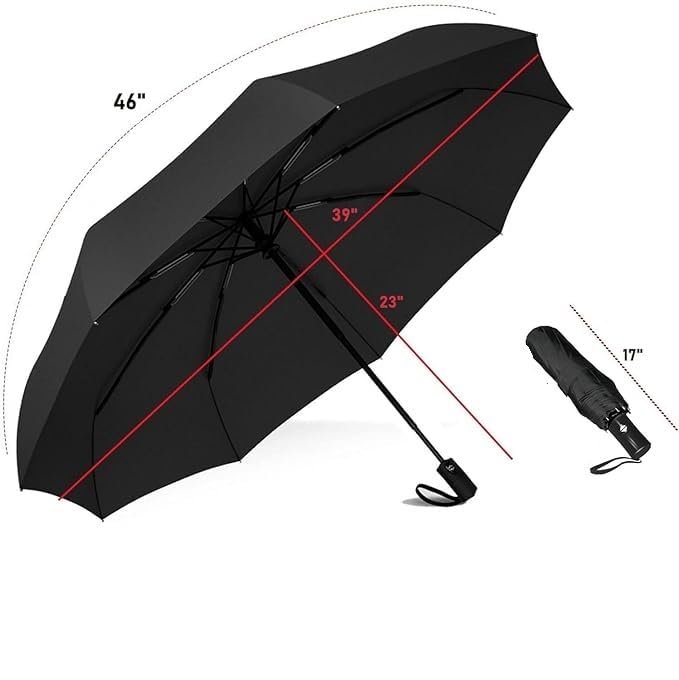 Black Umbrella ? Classic Windproof Compact Folding Umbrella for Rain & Sun Protection