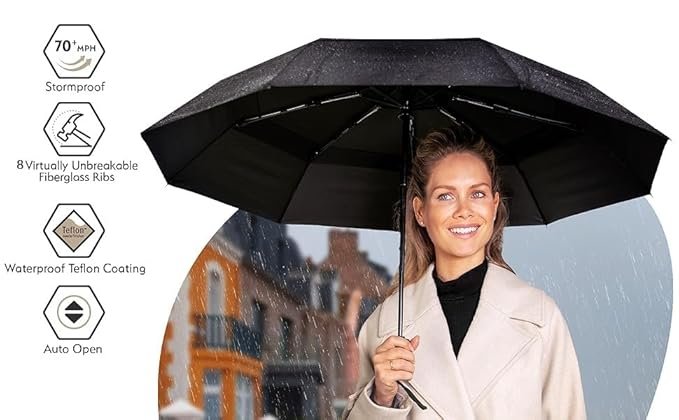 Black Umbrella ? Classic Windproof Compact Folding Umbrella for Rain & Sun Protection