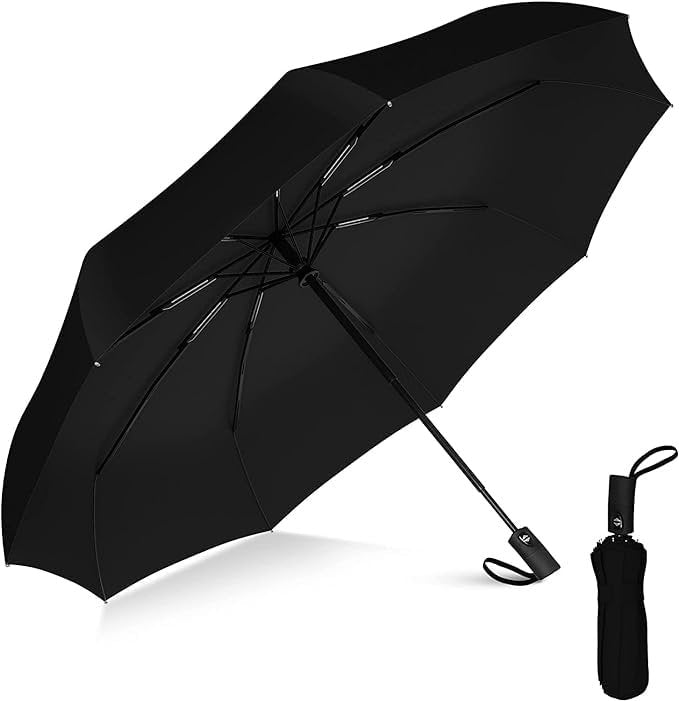 Black Umbrella ? Classic Windproof Compact Folding Umbrella for Rain & Sun Protection
