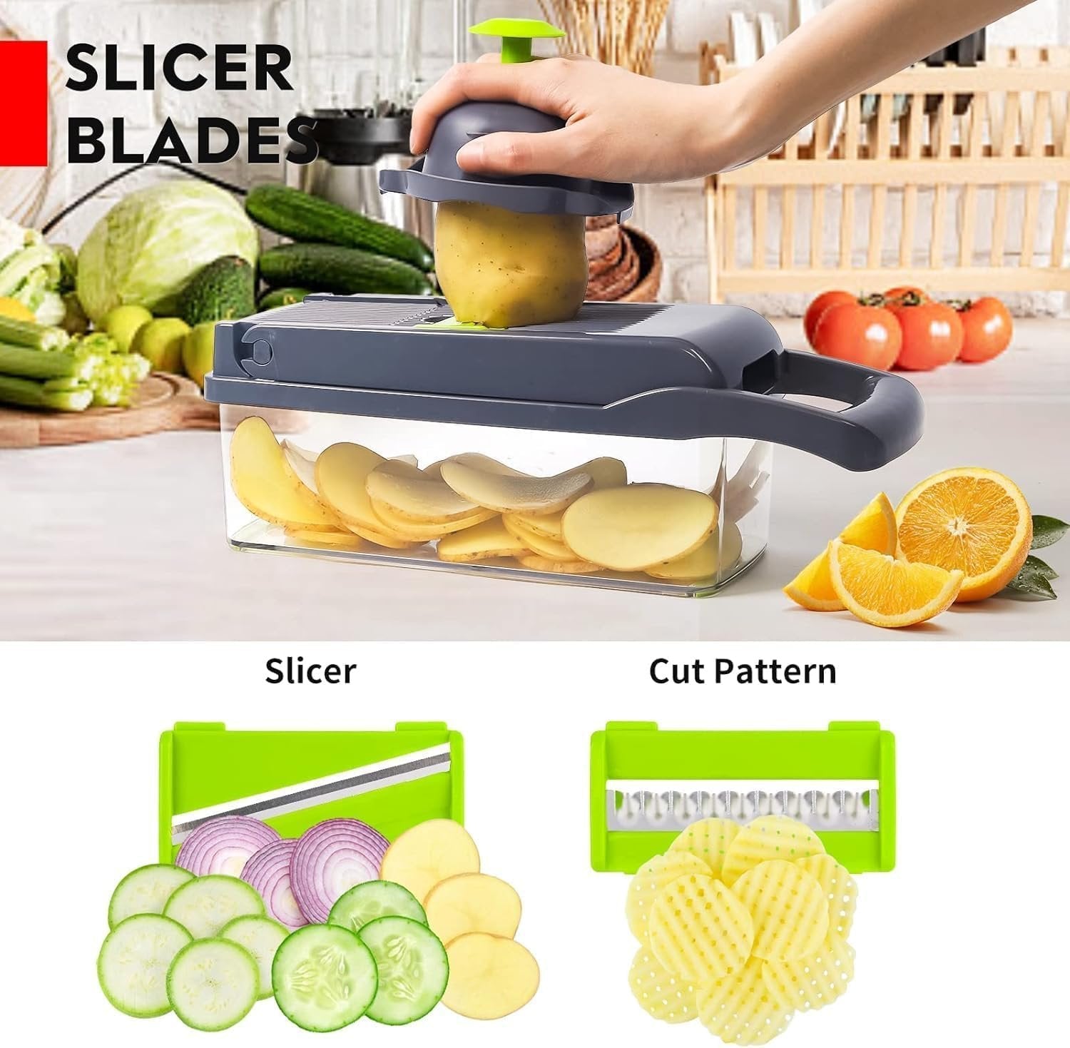 14-in-1 Vegetable Chopper & Slicer with Container – Multipurpose Food Cutter, Onion Chopper, Grater, Mandoline Slicer, Spiralizer – Kitchen Gadget for Veggies, Fruits & Salads