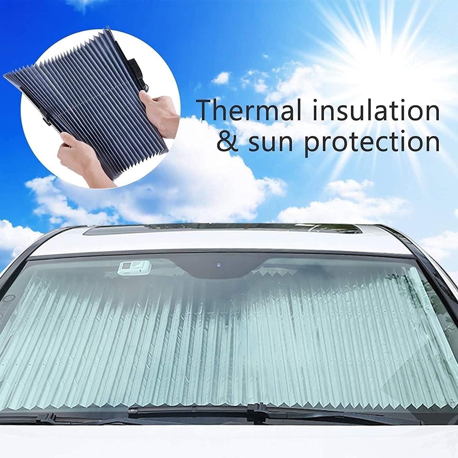 Retractable Car Sunshade for Windshield | UV Protection Roll-Up Sun Visor | Heat Resistant Front Window Shade | Universal Fit for Sedan, SUV & Truck | Easy Installation with Suction Cups