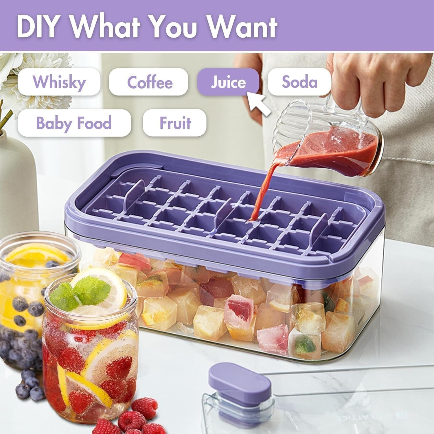 Easy Press Ice Tray Container ? Silicone Ice Cube Tray with Lid & Storage Box, Quick Release, No-Spill Stackable Ice Maker for Freezer, Kitchen & Bar Use