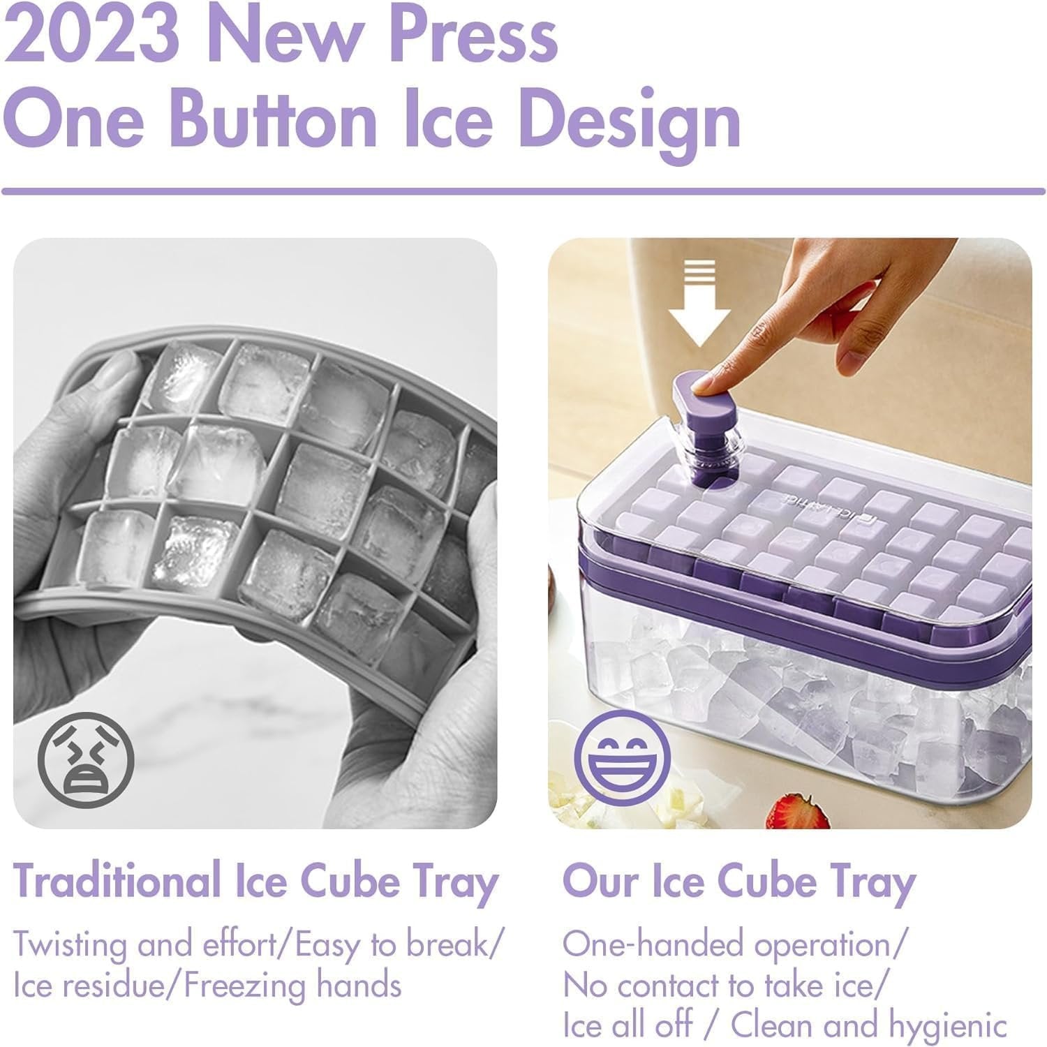 Easy Press Ice Tray Container ? Silicone Ice Cube Tray with Lid & Storage Box, Quick Release, No-Spill Stackable Ice Maker for Freezer, Kitchen & Bar Use