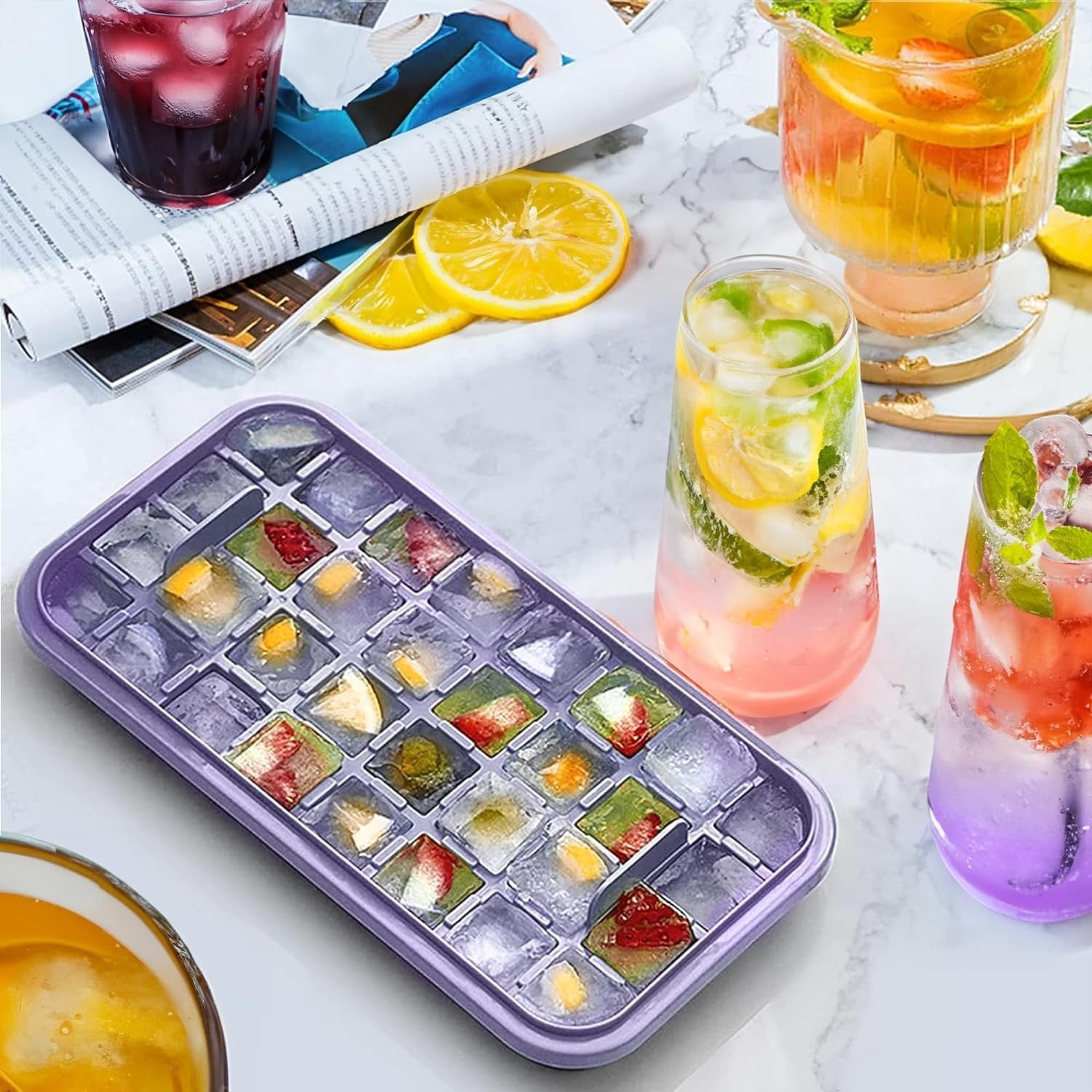 Easy Press Ice Tray Container ? Silicone Ice Cube Tray with Lid & Storage Box, Quick Release, No-Spill Stackable Ice Maker for Freezer, Kitchen & Bar Use