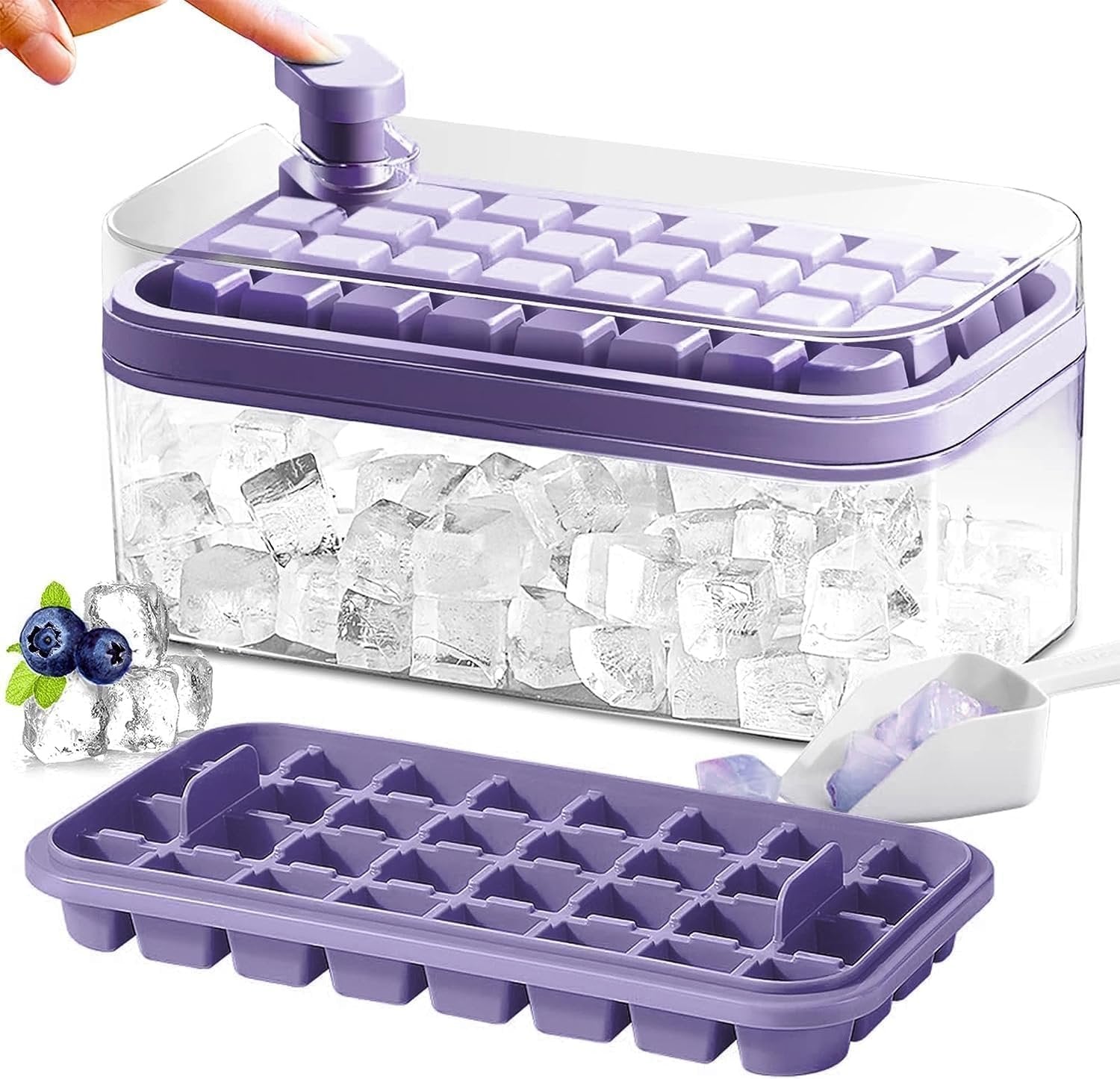 Easy Press Ice Tray Container ? Silicone Ice Cube Tray with Lid & Storage Box, Quick Release, No-Spill Stackable Ice Maker for Freezer, Kitchen & Bar Use