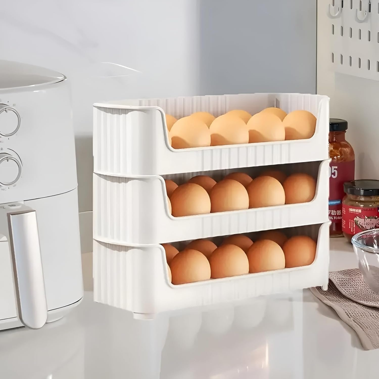 3 Layer Egg Tray ? Stackable Plastic Egg Storage Rack for Refrigerator, Holds Up to 60 Eggs, Space-Saving Organizer with Lid for Kitchen & Fridge