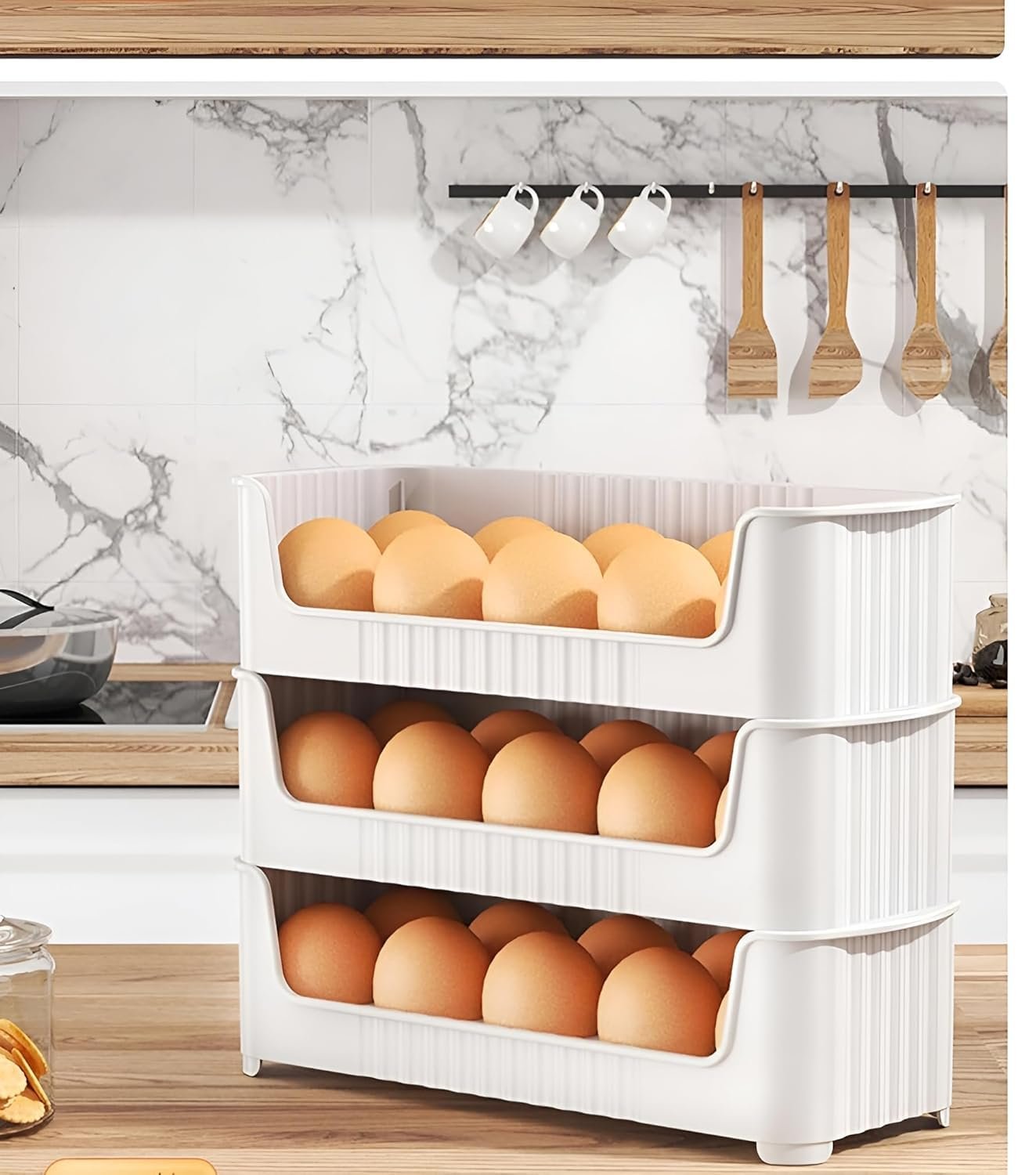 3 Layer Egg Tray ? Stackable Plastic Egg Storage Rack for Refrigerator, Holds Up to 60 Eggs, Space-Saving Organizer with Lid for Kitchen & Fridge
