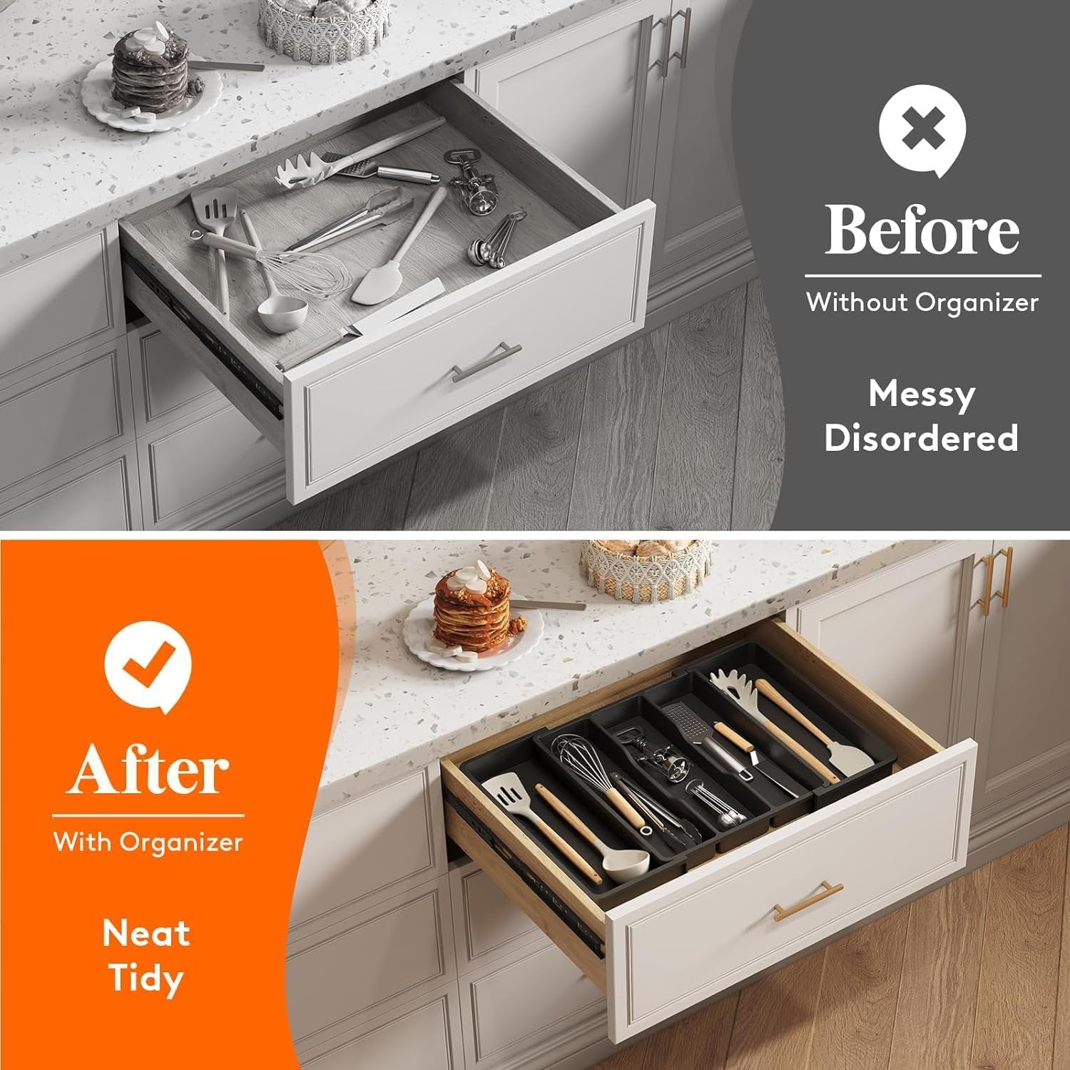 Kitchen Drawer Organizer ? Black Expandable Cutlery Tray for Utensils, Spoons, Forks & Knives, Non-Slip Flatware Organizer for Kitchen Drawers