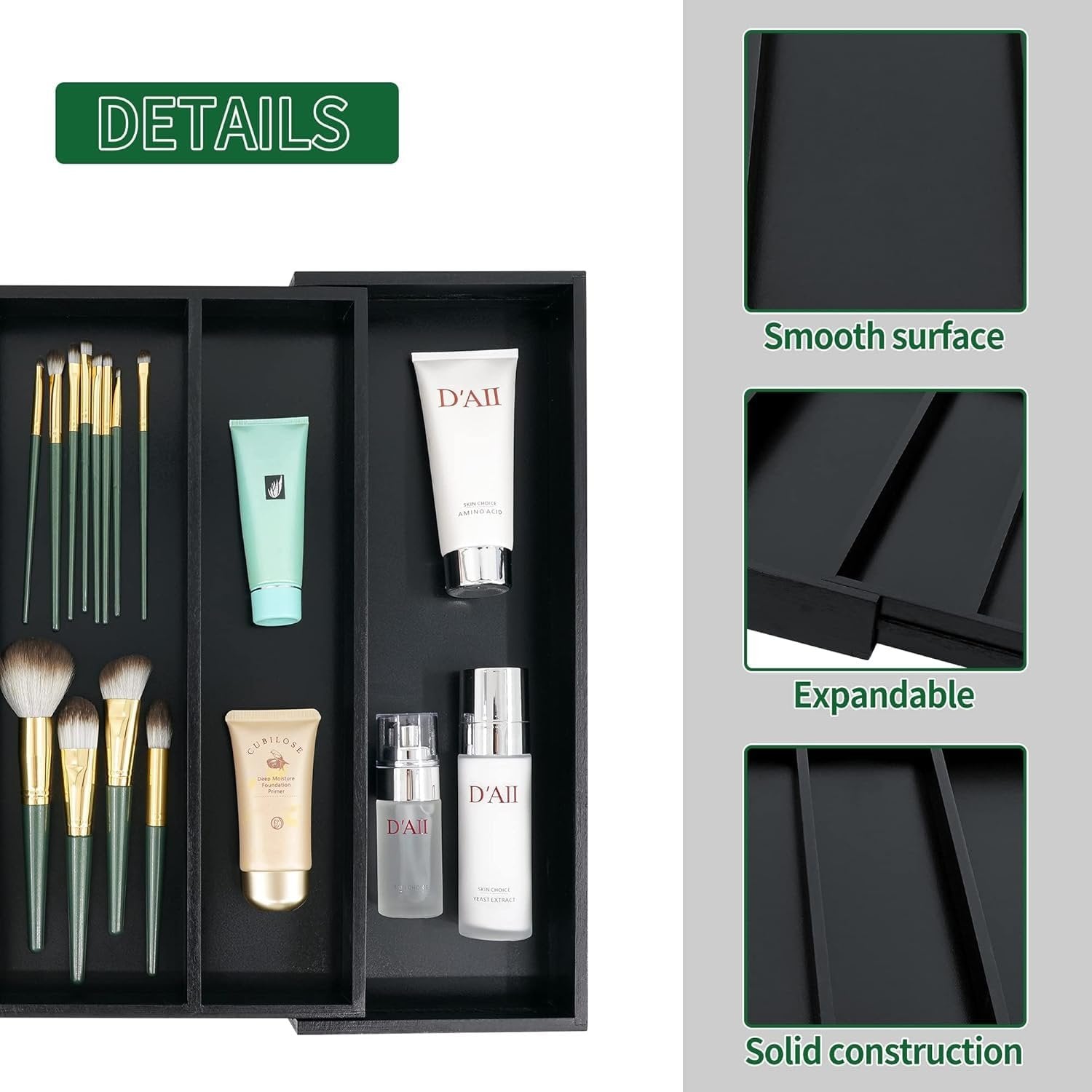 Kitchen Drawer Organizer ? Black Expandable Cutlery Tray for Utensils, Spoons, Forks & Knives, Non-Slip Flatware Organizer for Kitchen Drawers