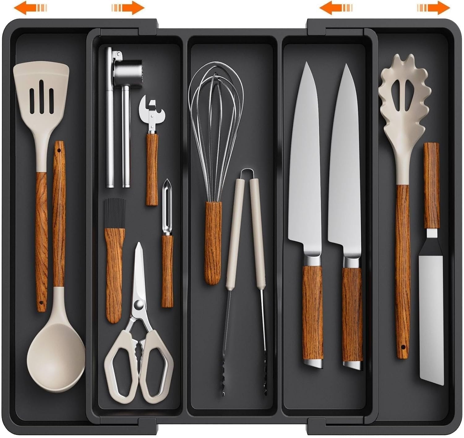 Kitchen Drawer Organizer ? Black Expandable Cutlery Tray for Utensils, Spoons, Forks & Knives, Non-Slip Flatware Organizer for Kitchen Drawers