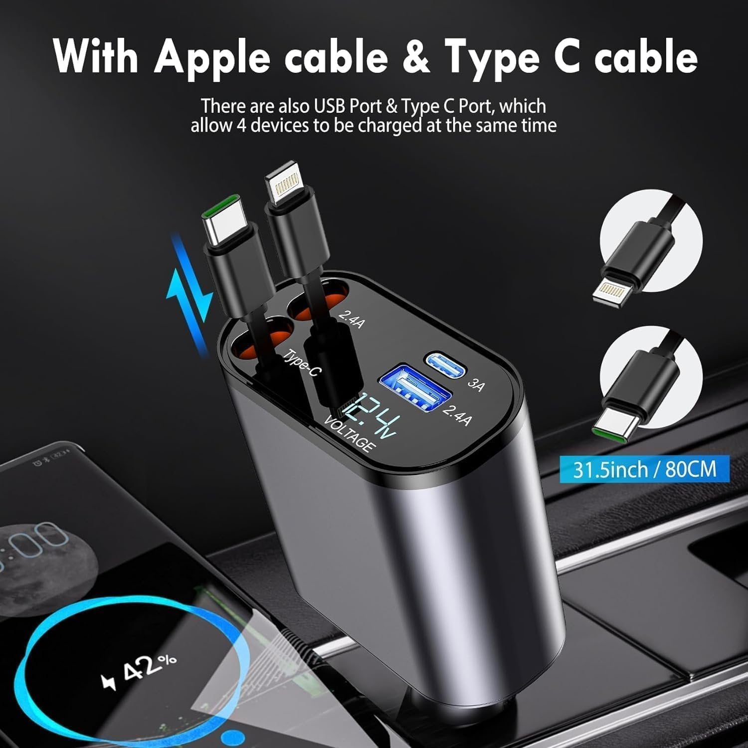 Retractable 4-in-1 Car Charger ? Fast Charging USB Car Adapter with Built-in Lightning, Type-C, Micro USB Cables, Compatible with All Smartphones & Devices