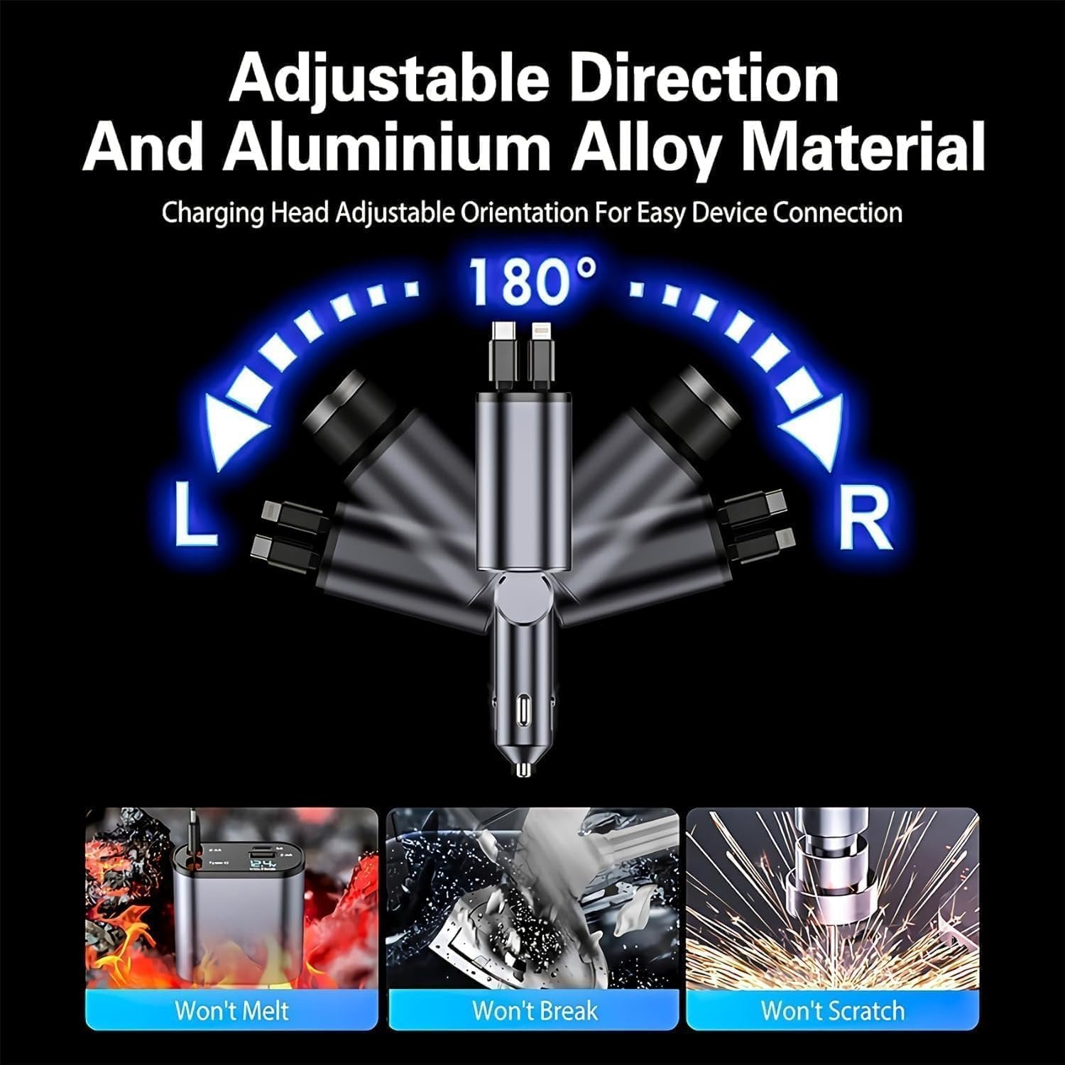 Retractable 4-in-1 Car Charger ? Fast Charging USB Car Adapter with Built-in Lightning, Type-C, Micro USB Cables, Compatible with All Smartphones & Devices