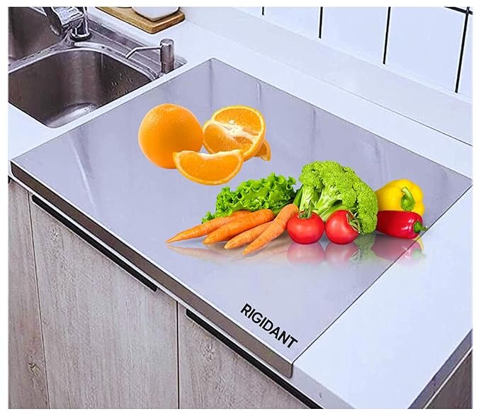 Stainless Steel Chopping Board (41?31 cm) ? Rustproof & Anti-Bacterial Cutting Board for Meat, Vegetables & Fruits, Heavy Duty Kitchen Board with Non-Slip Base