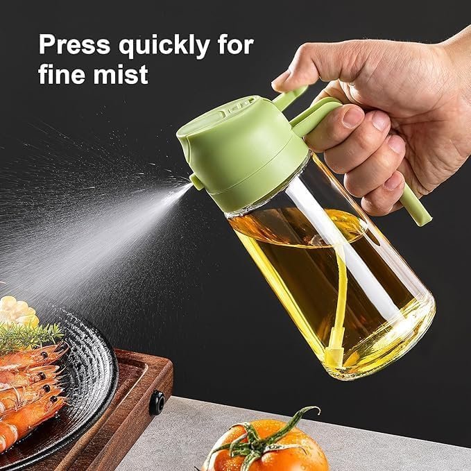 2 in 1 Oil Spray Bottle ? Dual Chamber Olive Oil & Vinegar Dispenser, Adjustable Nozzle for Spraying & Pouring, Kitchen Cooking & BBQ Tool