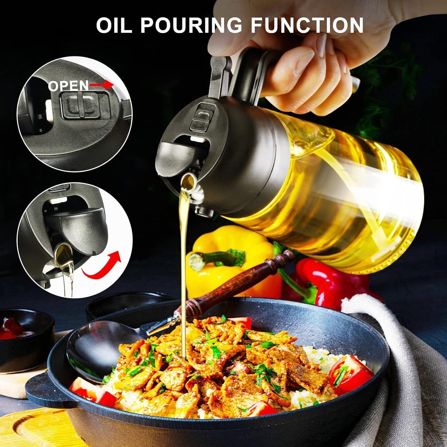 2 in 1 Oil Spray Bottle ? Dual Chamber Olive Oil & Vinegar Dispenser, Adjustable Nozzle for Spraying & Pouring, Kitchen Cooking & BBQ Tool
