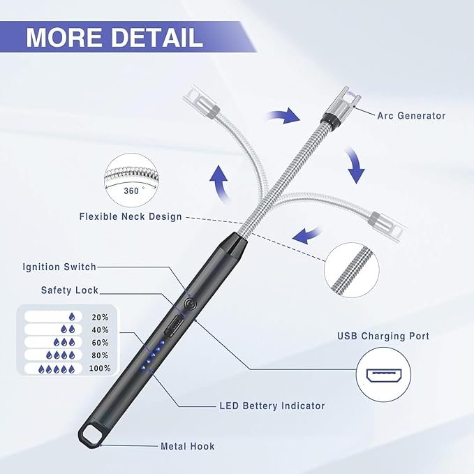 USB Rechargeable Electric Gas Lighter ? Flameless Plasma Arc Lighter for Kitchen, Candle, Gas Stove & BBQ | Windproof, Safety Lock, Flexible Neck, Eco-Friendly