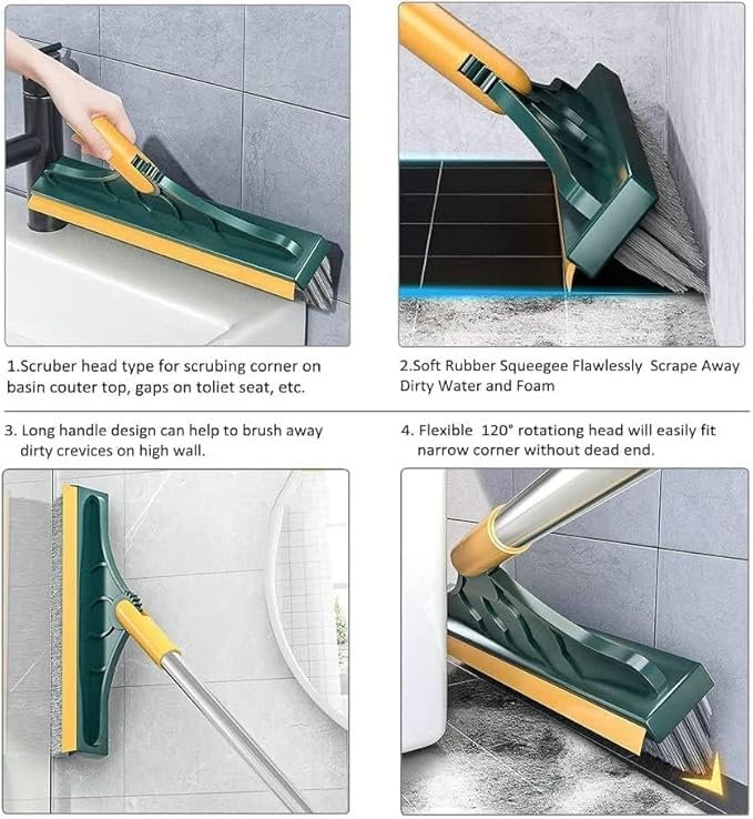 2?in?1 Tiles Cleaning Brush ? Dual?Sided Scrub & Squeegee Tool for Bathroom, Kitchen, Shower & Grout | Ergonomic Handle with Replaceable Heads