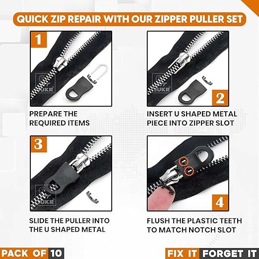 Detachable Zipper Puller ? Universal Zip Replacement Tab for Jackets, Bags, Luggage & Clothing | Easy DIY Zipper Repair Kit (Set of 6)