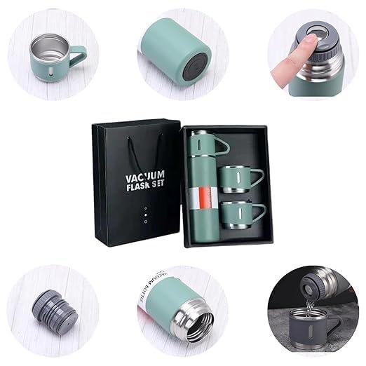 Vacuum Flask Set ? Insulated Stainless Steel Thermos Bottle with 2 Cups | Hot & Cold Flask Set for Travel, Office, School & Outdoor Use (Leak-Proof & Durable)