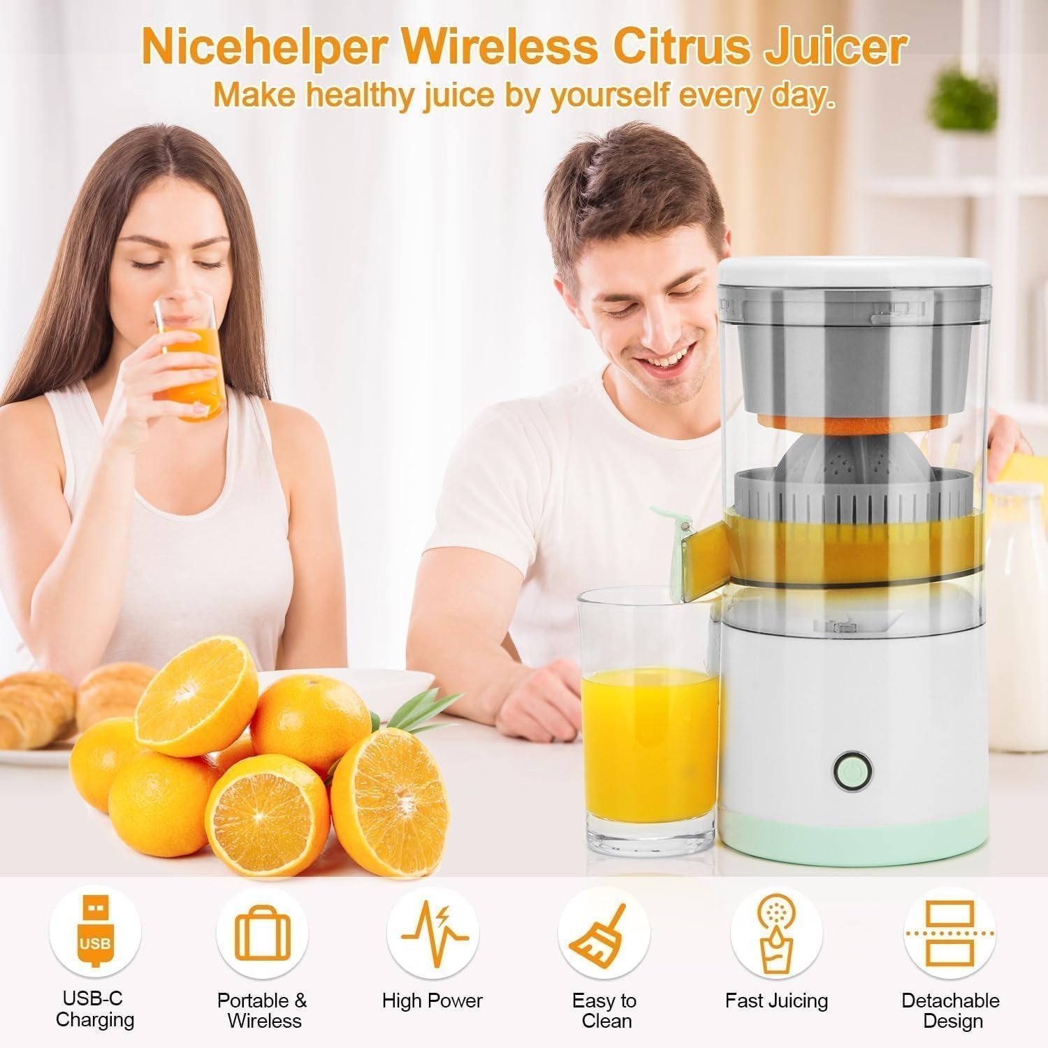 Electric Citrus Juicer ? Powerful Orange & Lemon Juice Extractor with Dual Reamers & Easy-Pour Spout | BPA-Free, Compact & Easy to Clean