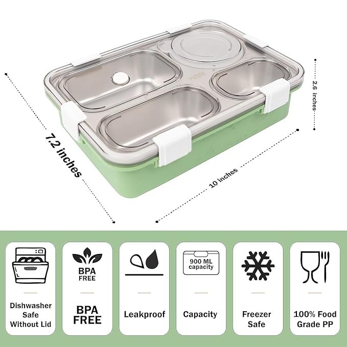 4 Compartment Lunch Box for Kids & Adults ? BPA-Free Leakproof Tiffin with Spoon & Lid | Microwave Safe, Durable Plastic Bento Box for Office, School, Travel (Made in China, Premium Quality)