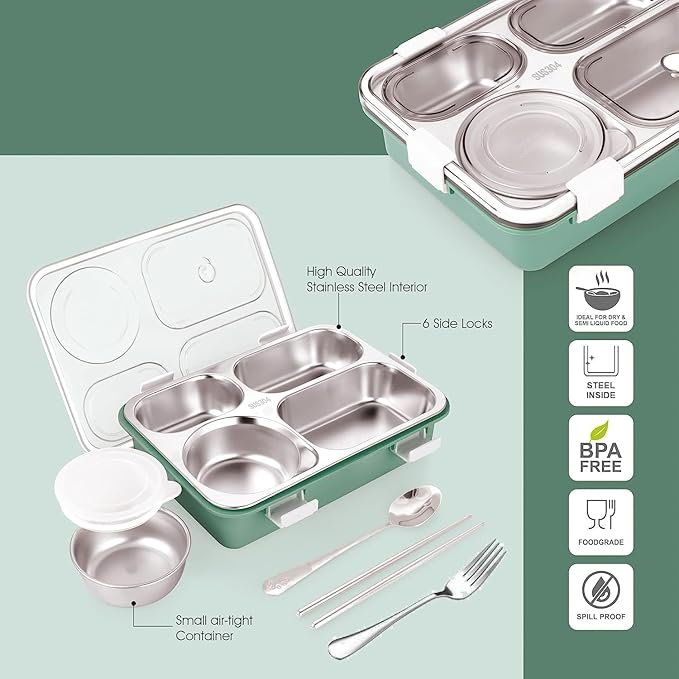 4 Compartment Lunch Box for Kids & Adults ? BPA-Free Leakproof Tiffin with Spoon & Lid | Microwave Safe, Durable Plastic Bento Box for Office, School, Travel (Made in China, Premium Quality)