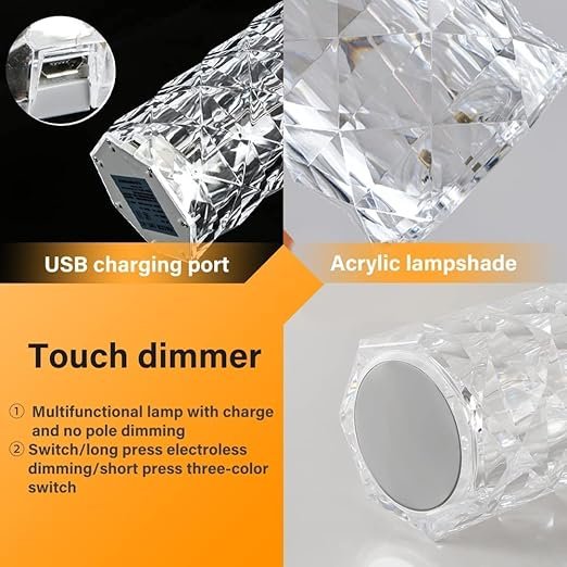 Crystal Table Lamp with Touch Control ? Dimmable LED Bedside Lamp with USB Charging, 3 Color Modes, Modern Diamond Cut Design for Bedroom, Living Room, or Gift