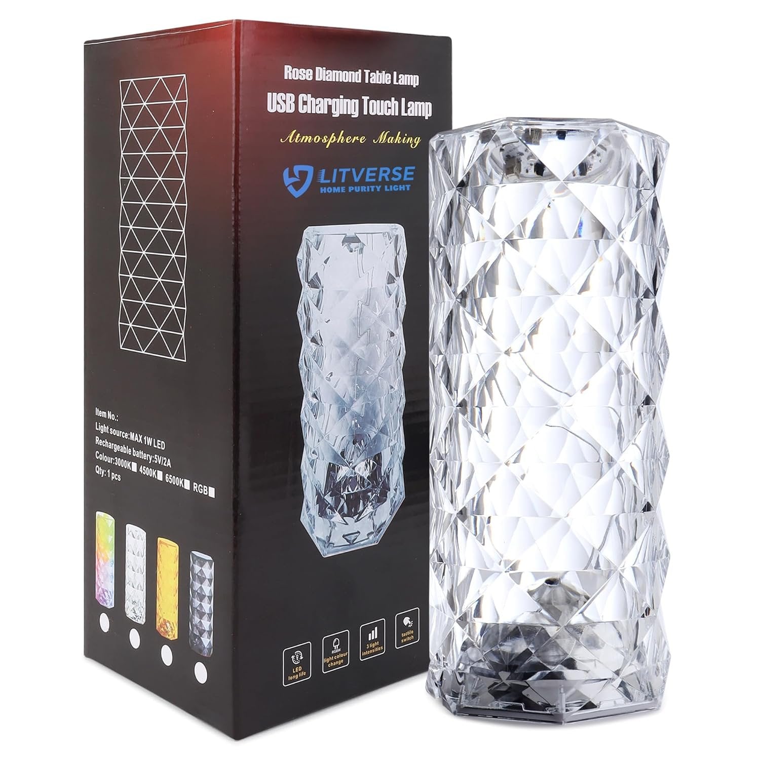 Crystal Table Lamp with Touch Control ? Dimmable LED Bedside Lamp with USB Charging, 3 Color Modes, Modern Diamond Cut Design for Bedroom, Living Room, or Gift